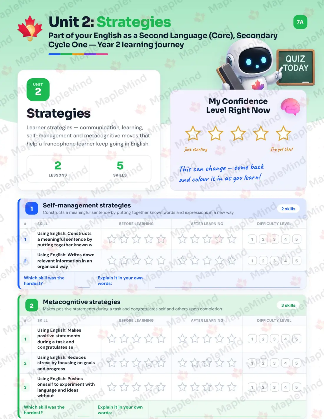 Page 10 of 29 from the English as a Second Language (Core), Secondary Cycle One — Year 2 Quebec Course Companion — skills tracker with before and after self-assessment