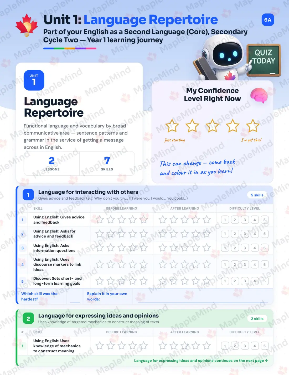 Page 6 of 30 from the English as a Second Language (Core), Secondary Cycle Two — Year 1 Quebec Course Companion — skills tracker with before and after self-assessment