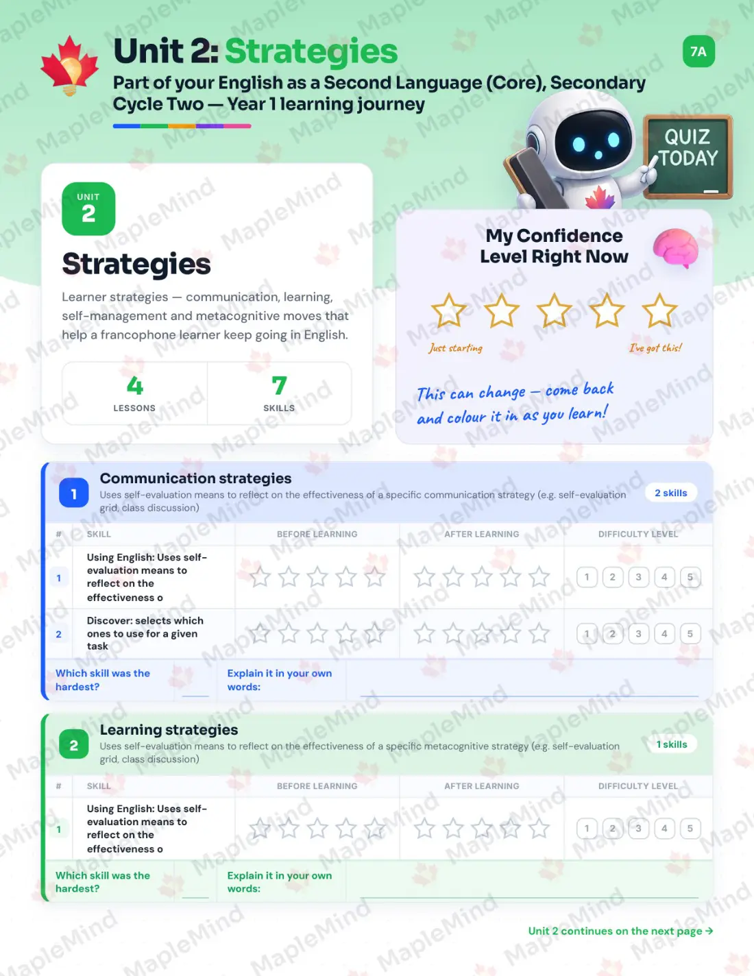 Page 10 of 30 from the English as a Second Language (Core), Secondary Cycle Two — Year 1 Quebec Course Companion — skills tracker with before and after self-assessment