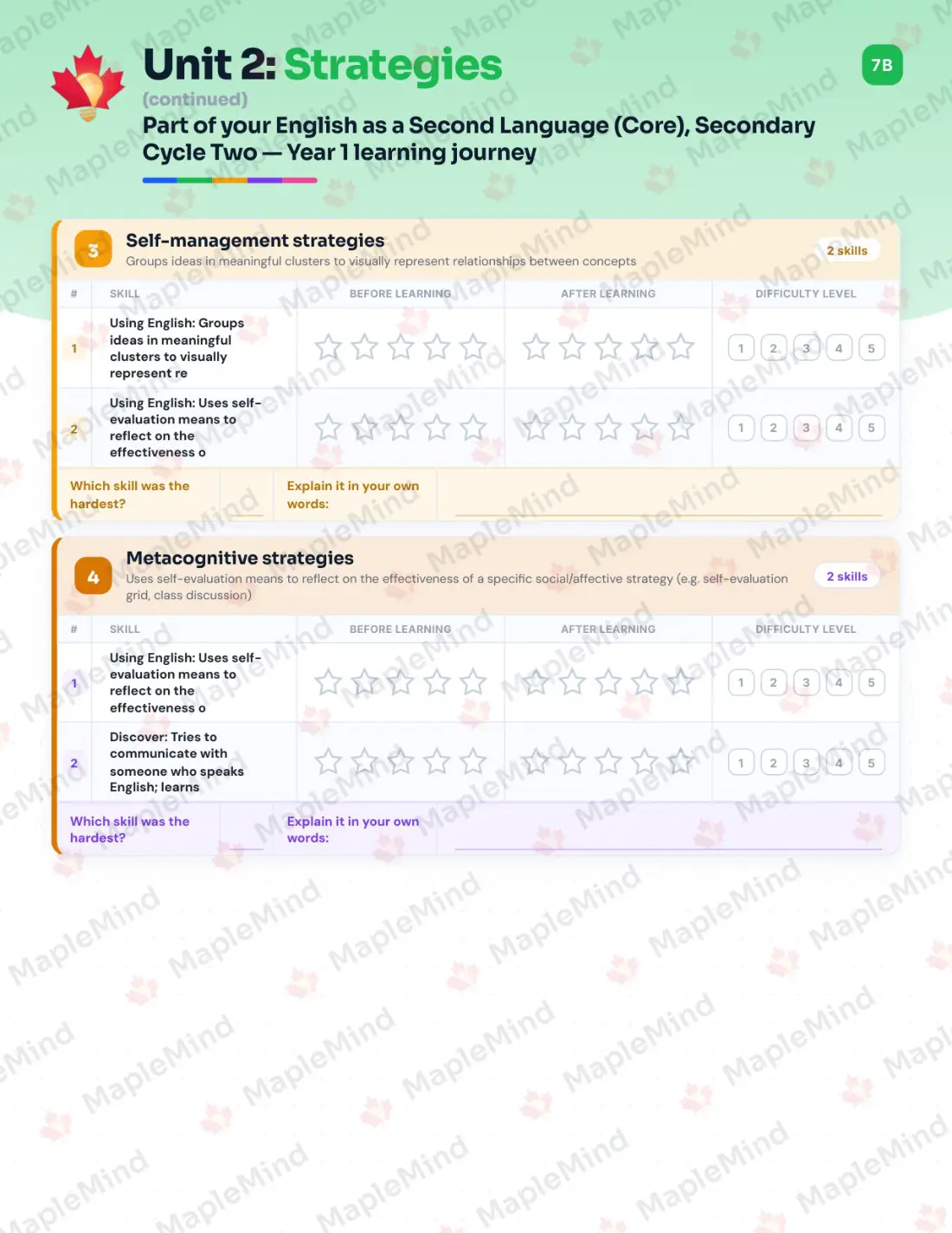 Page 11 of 30 from the English as a Second Language (Core), Secondary Cycle Two — Year 1 Quebec Course Companion — skills tracker with before and after self-assessment