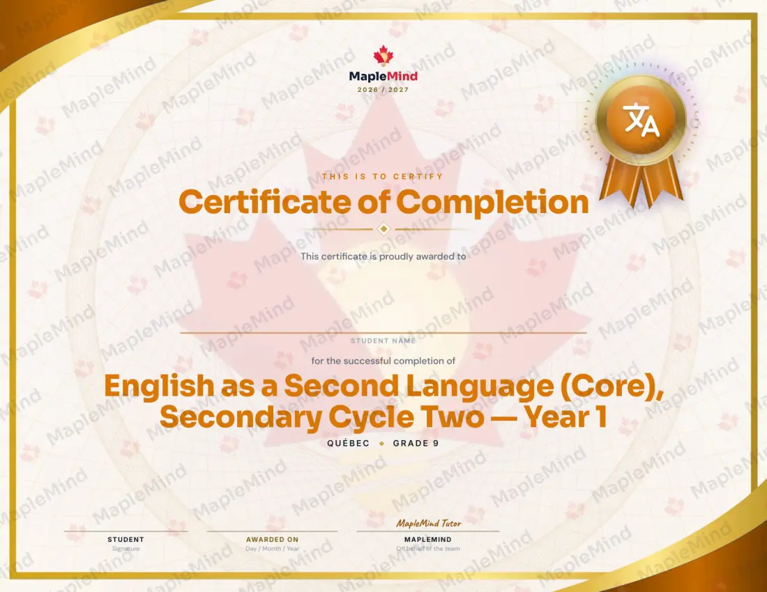 Page 30 of 30 from the English as a Second Language (Core), Secondary Cycle Two — Year 1 Quebec Course Companion — year in review and certificate of completion