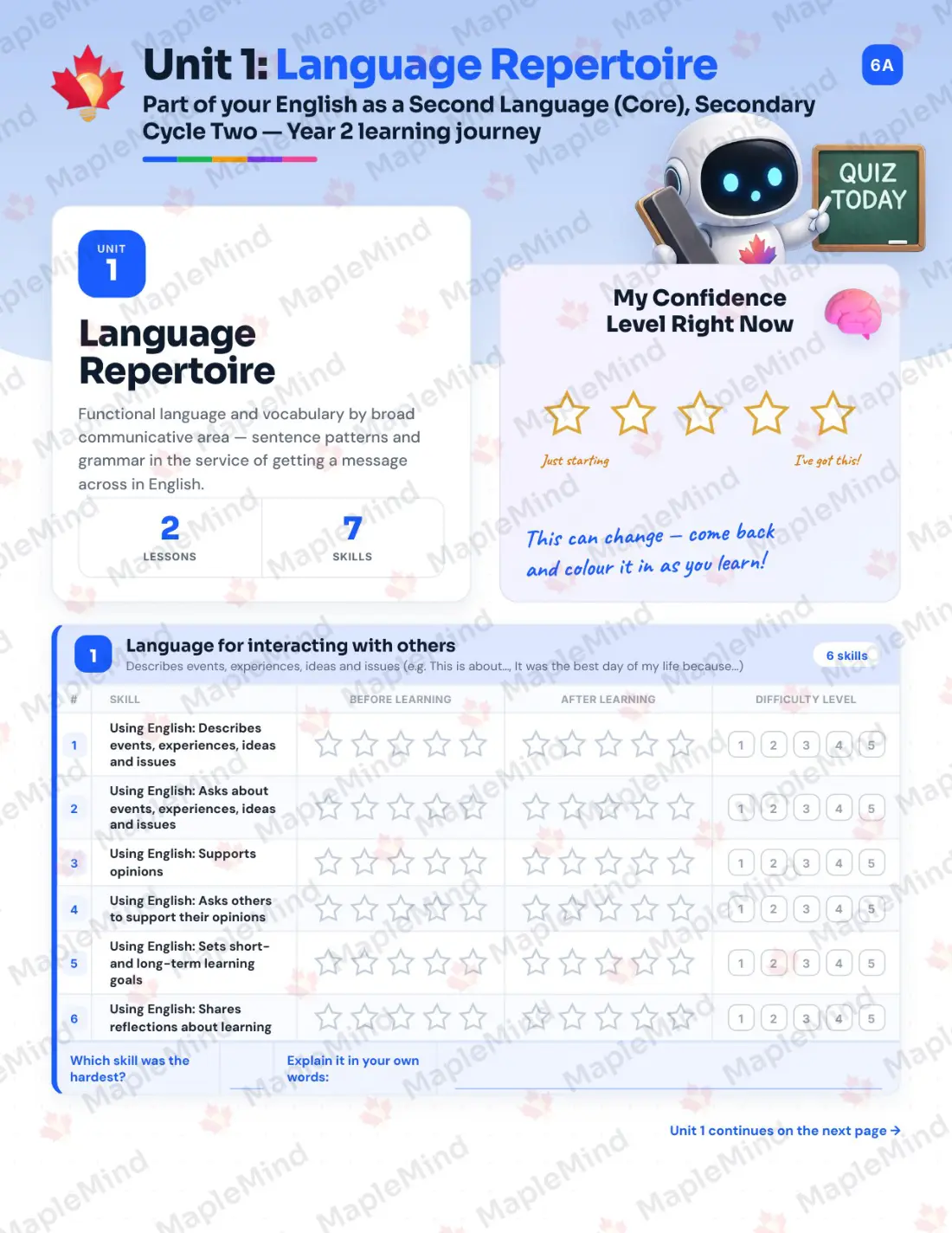 Page 6 of 25 from the English as a Second Language (Core), Secondary Cycle Two — Year 2 Quebec Course Companion — skills tracker with before and after self-assessment