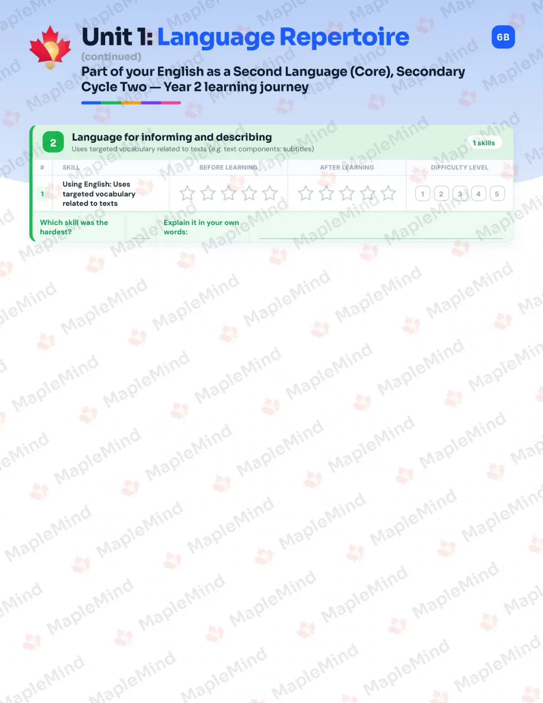 Page 7 of 25 from the English as a Second Language (Core), Secondary Cycle Two — Year 2 Quebec Course Companion — skills tracker with before and after self-assessment