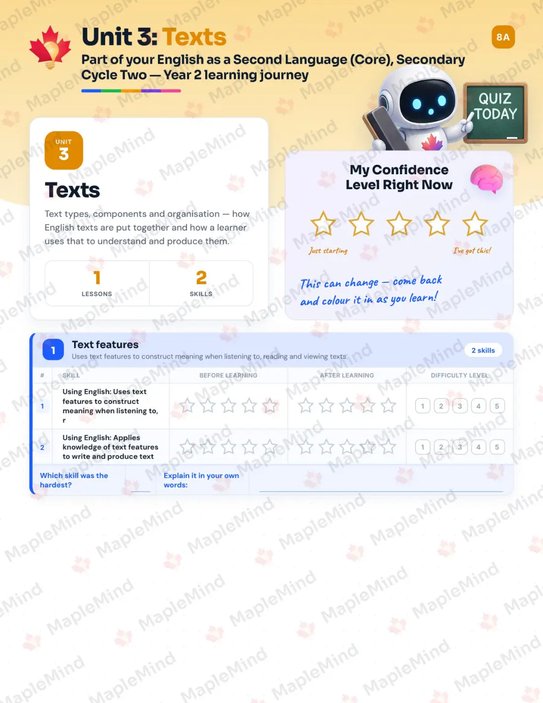 Page 14 of 25 from the English as a Second Language (Core), Secondary Cycle Two — Year 2 Quebec Course Companion — skills tracker with before and after self-assessment
