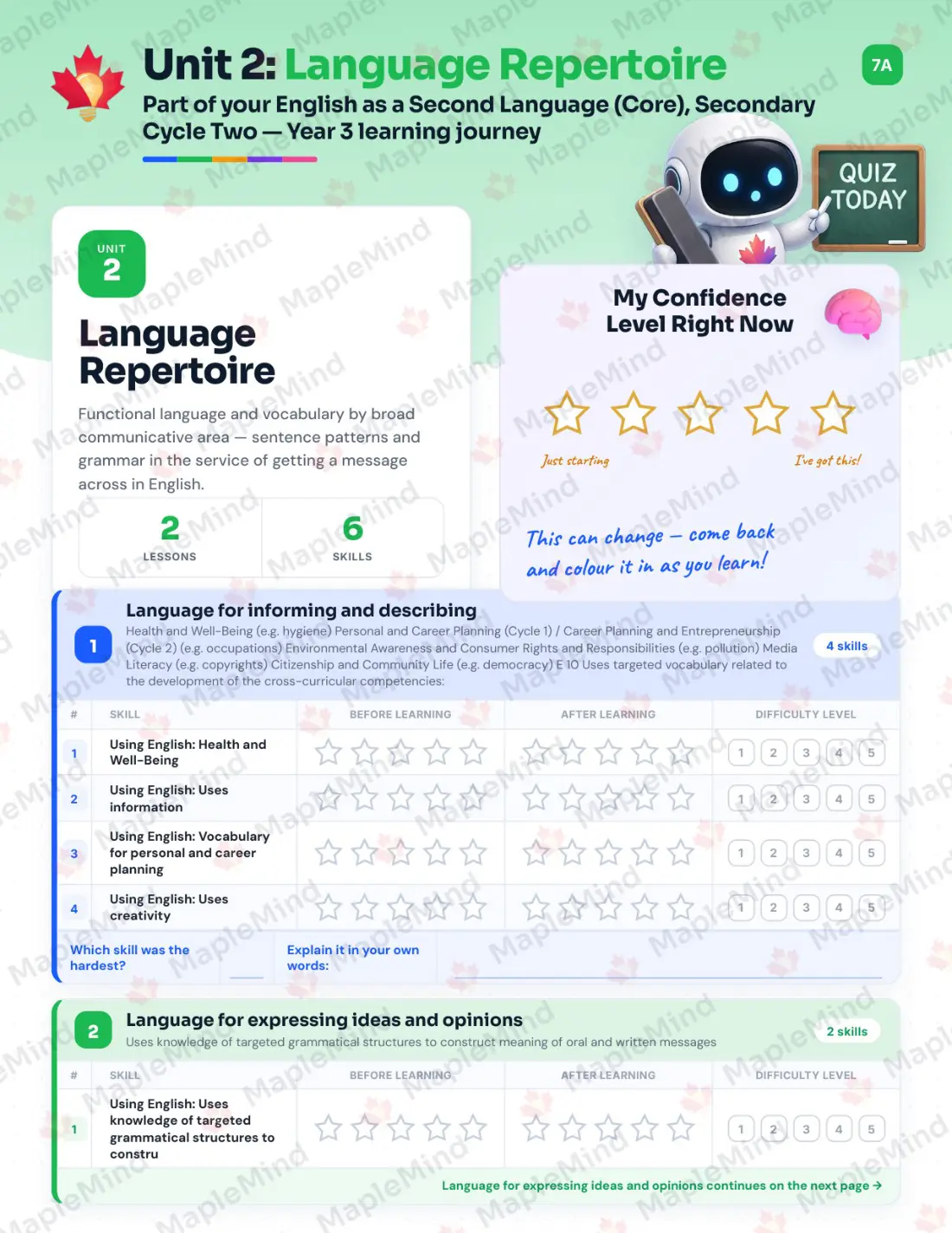 Page 9 of 29 from the English as a Second Language (Core), Secondary Cycle Two — Year 3 Quebec Course Companion — skills tracker with before and after self-assessment