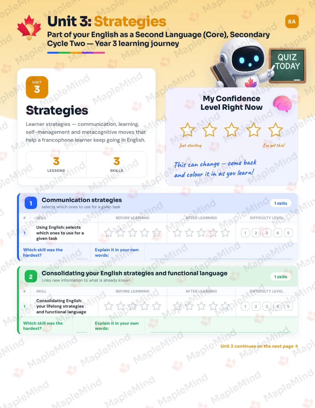 Page 13 of 29 from the English as a Second Language (Core), Secondary Cycle Two — Year 3 Quebec Course Companion — skills tracker with before and after self-assessment