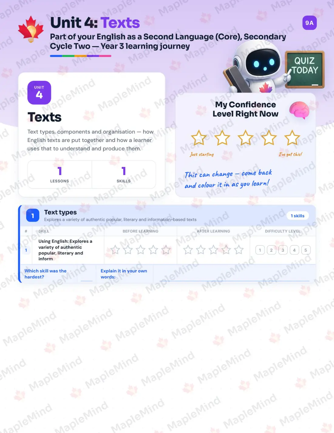Page 17 of 29 from the English as a Second Language (Core), Secondary Cycle Two — Year 3 Quebec Course Companion — skills tracker with before and after self-assessment