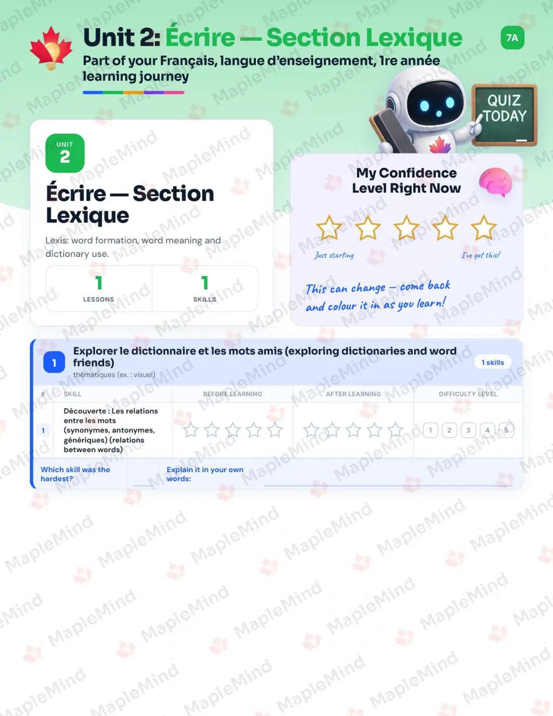 Page 11 of 53 from the Français, langue d’enseignement, 1re année Quebec Course Companion — skills tracker with before and after self-assessment