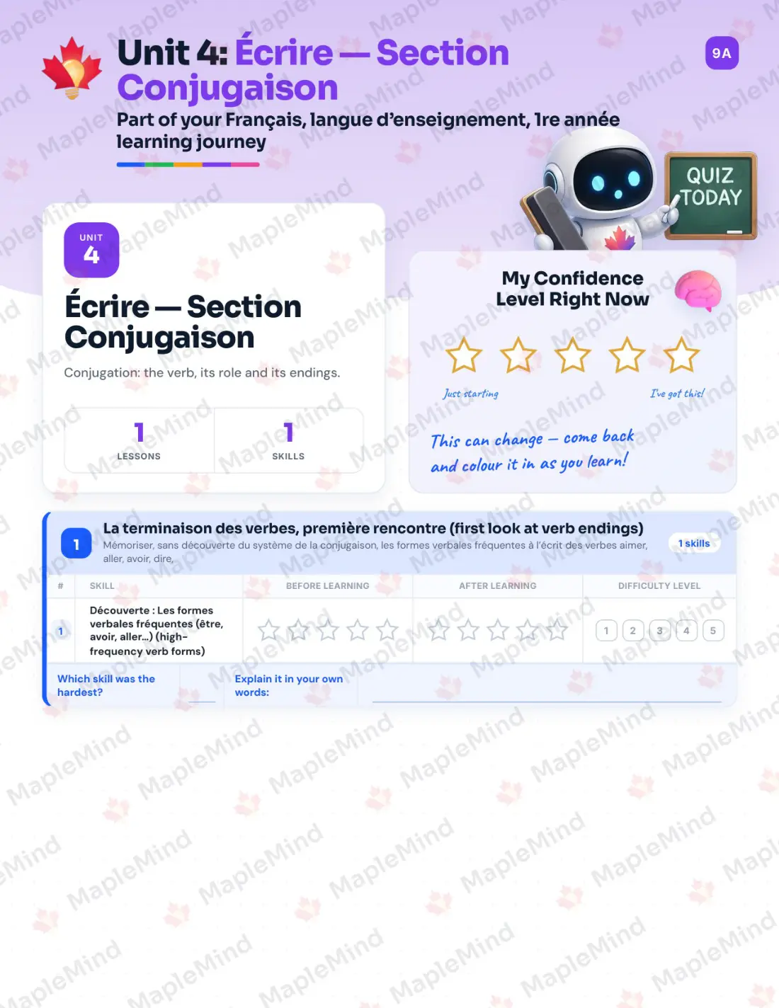 Page 18 of 53 from the Français, langue d’enseignement, 1re année Quebec Course Companion — skills tracker with before and after self-assessment