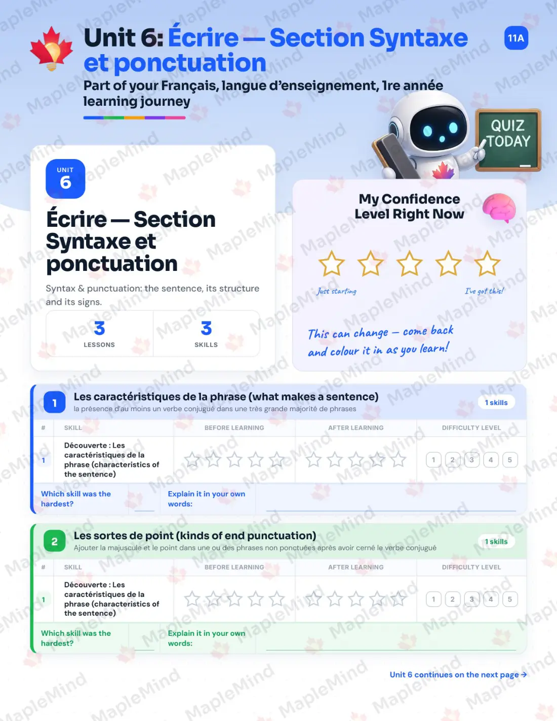Page 25 of 53 from the Français, langue d’enseignement, 1re année Quebec Course Companion — skills tracker with before and after self-assessment