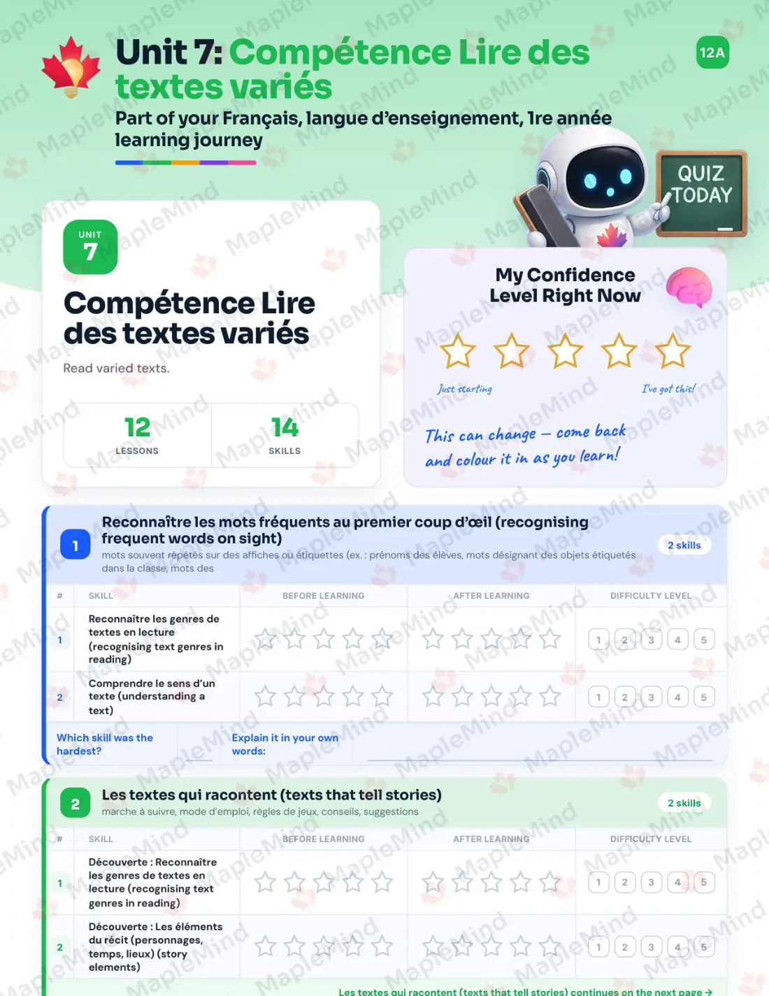 Page 29 of 53 from the Français, langue d’enseignement, 1re année Quebec Course Companion — skills tracker with before and after self-assessment