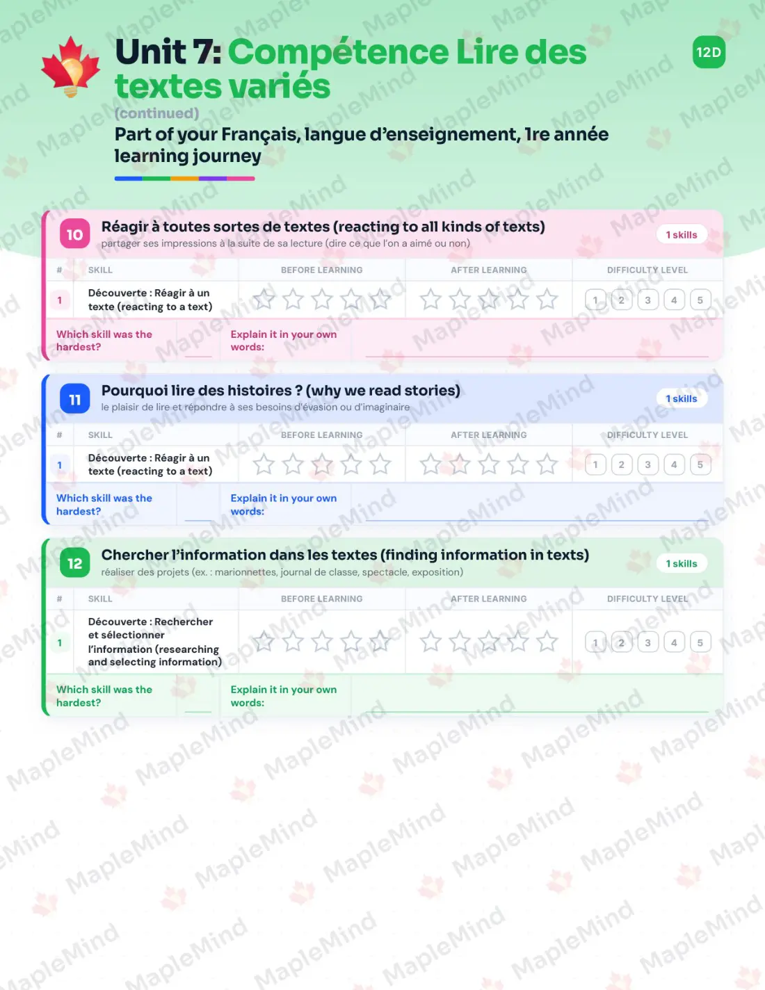 Page 32 of 53 from the Français, langue d’enseignement, 1re année Quebec Course Companion — skills tracker with before and after self-assessment