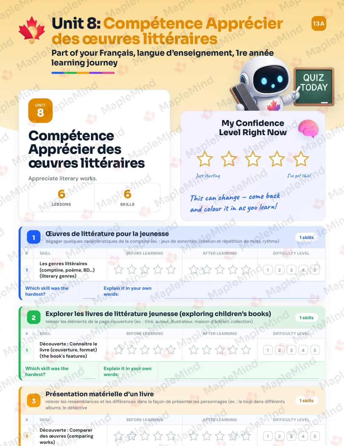Page 35 of 53 from the Français, langue d’enseignement, 1re année Quebec Course Companion — skills tracker with before and after self-assessment