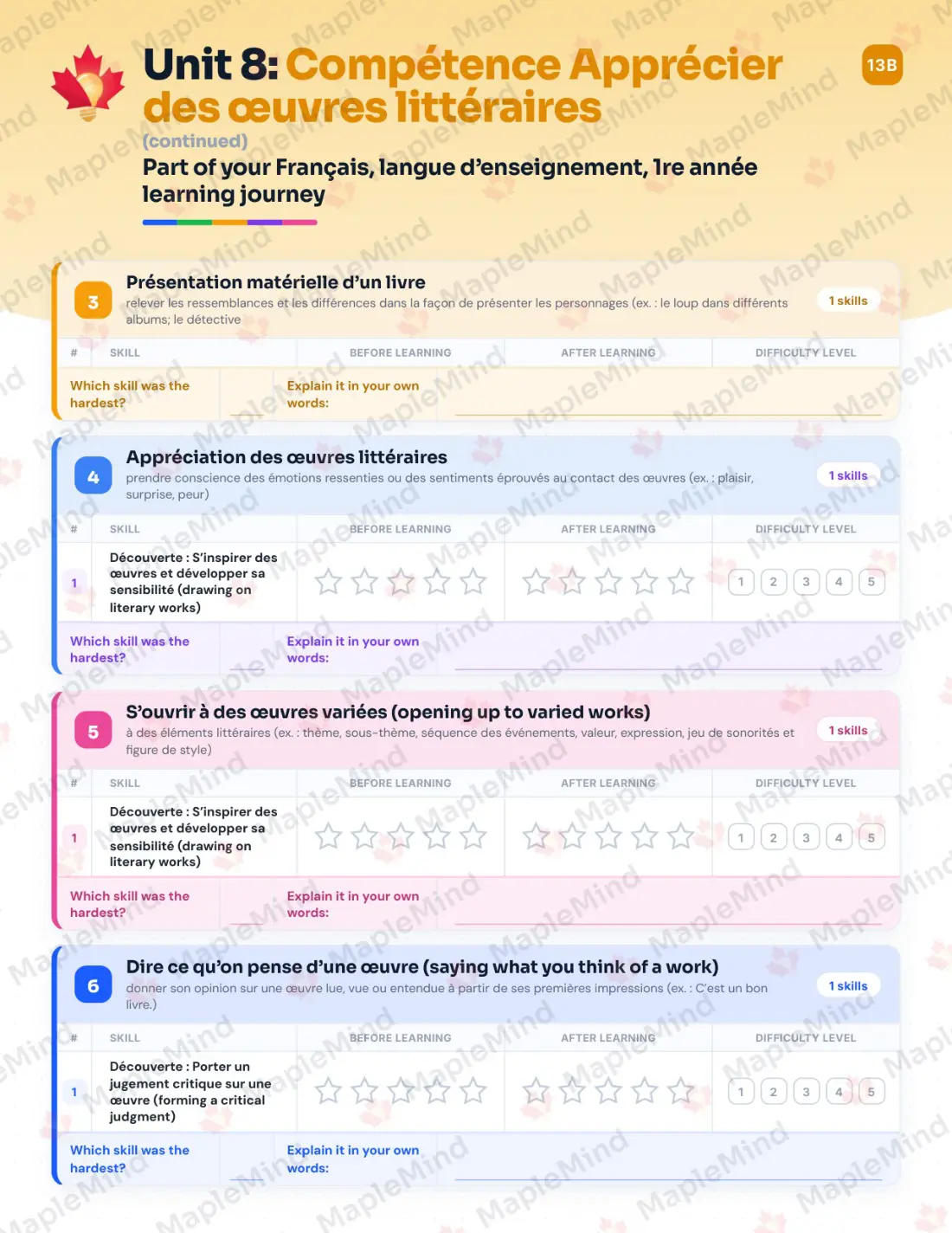 Page 36 of 53 from the Français, langue d’enseignement, 1re année Quebec Course Companion — skills tracker with before and after self-assessment
