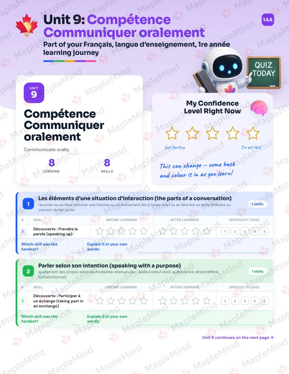 Page 39 of 53 from the Français, langue d’enseignement, 1re année Quebec Course Companion — skills tracker with before and after self-assessment