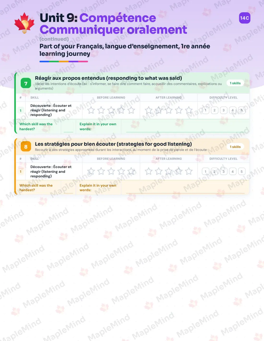 Page 41 of 53 from the Français, langue d’enseignement, 1re année Quebec Course Companion — skills tracker with before and after self-assessment