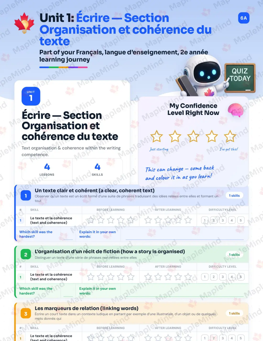 Page 9 of 58 from the Français, langue d’enseignement, 2e année Quebec Course Companion — skills tracker with before and after self-assessment