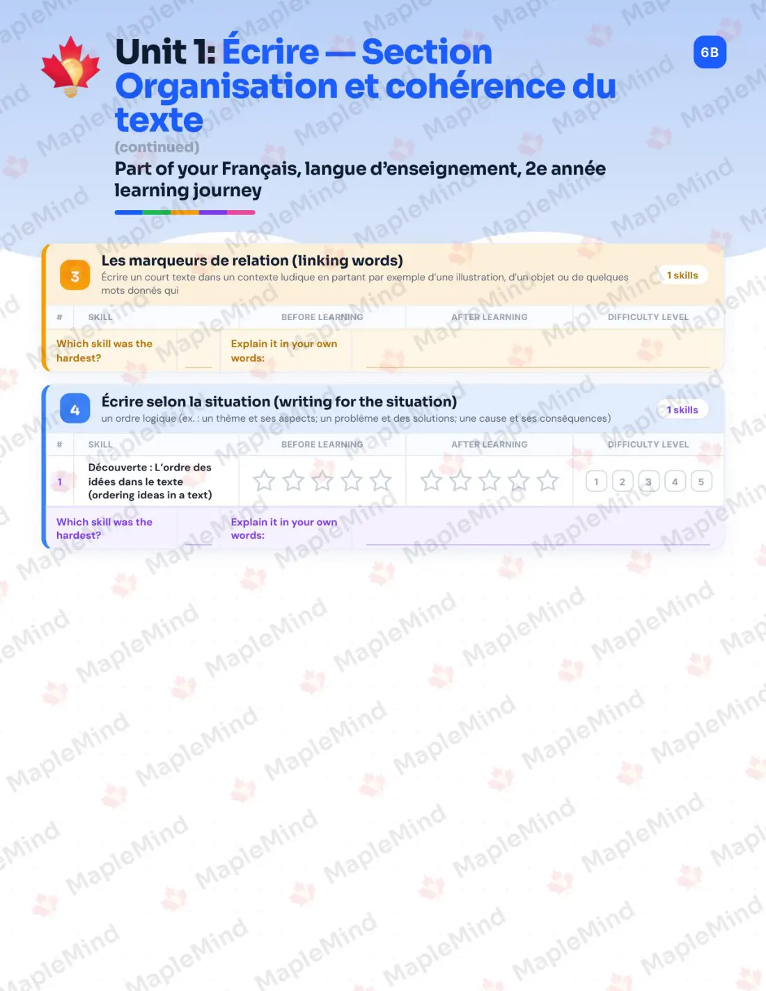 Page 10 of 58 from the Français, langue d’enseignement, 2e année Quebec Course Companion — skills tracker with before and after self-assessment