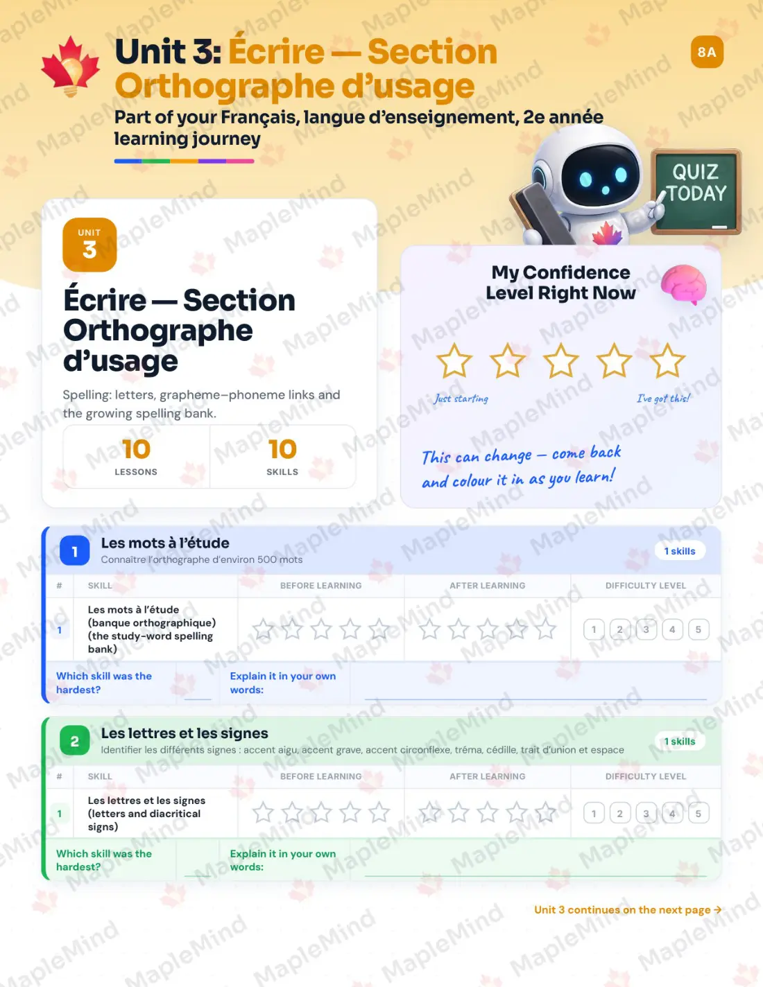 Page 16 of 58 from the Français, langue d’enseignement, 2e année Quebec Course Companion — skills tracker with before and after self-assessment