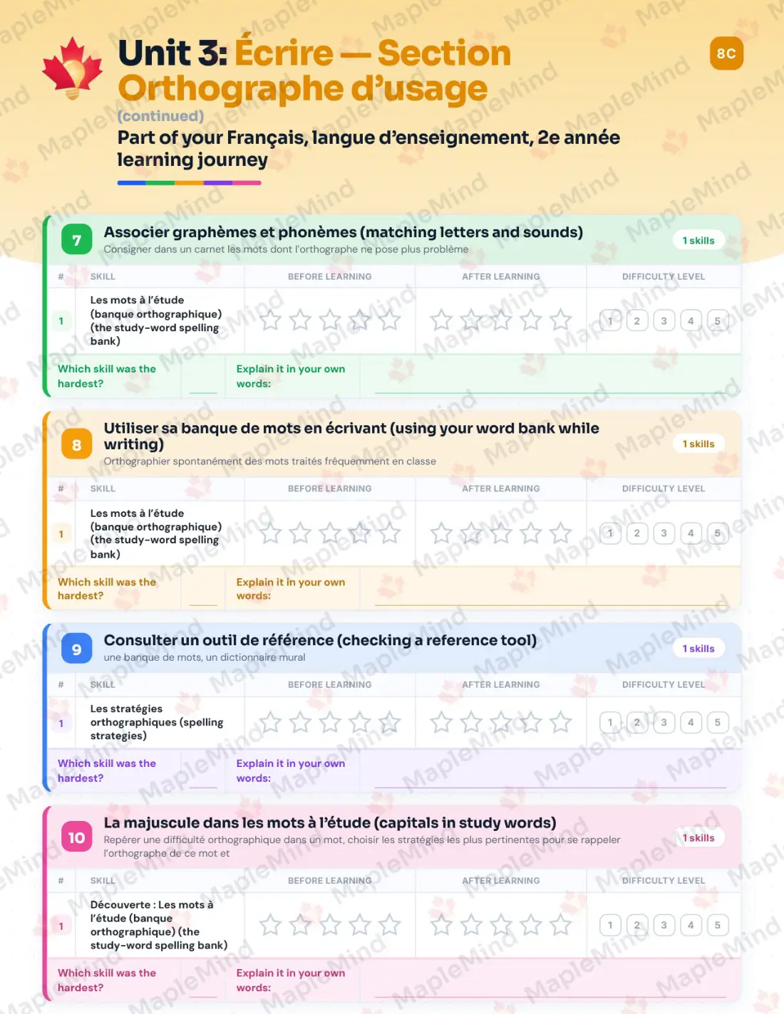 Page 18 of 58 from the Français, langue d’enseignement, 2e année Quebec Course Companion — skills tracker with before and after self-assessment