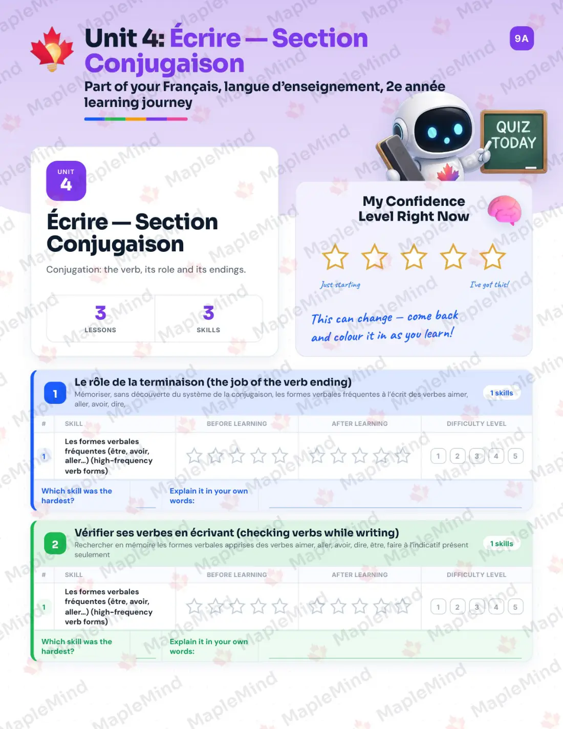Page 21 of 58 from the Français, langue d’enseignement, 2e année Quebec Course Companion — skills tracker with before and after self-assessment