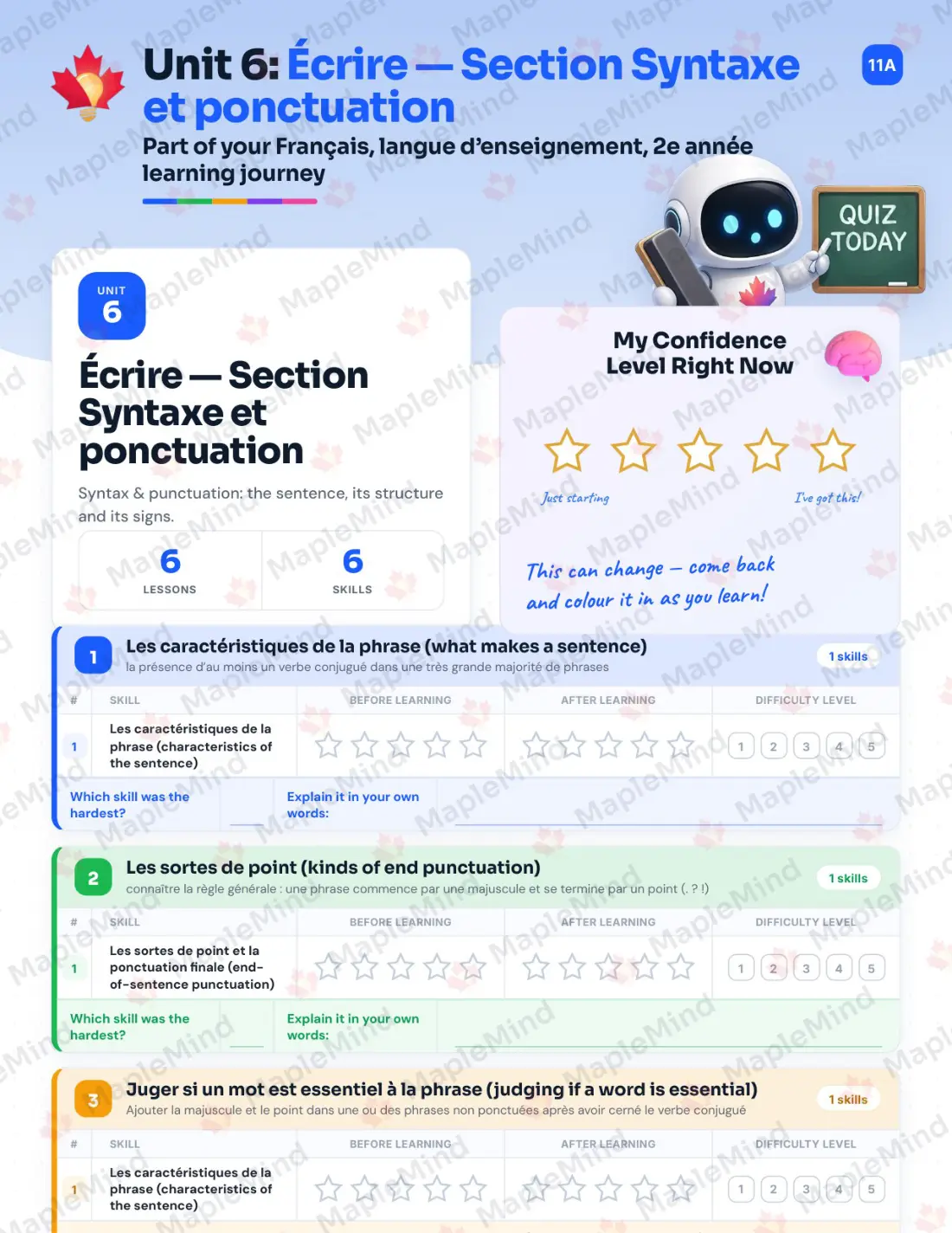 Page 31 of 58 from the Français, langue d’enseignement, 2e année Quebec Course Companion — skills tracker with before and after self-assessment