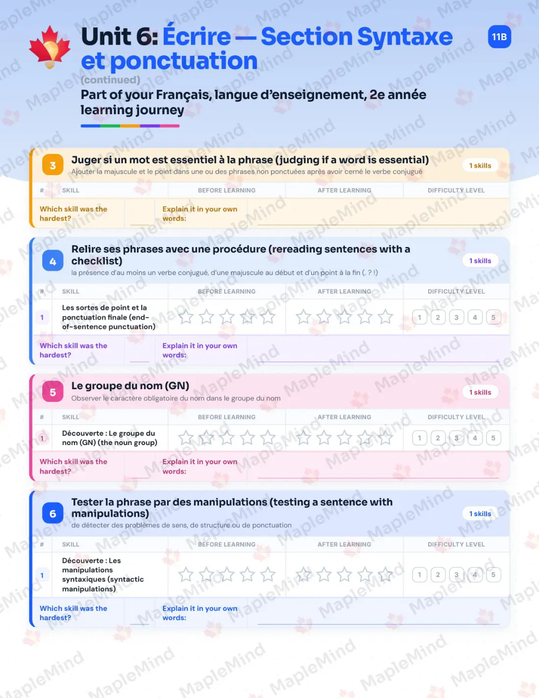 Page 32 of 58 from the Français, langue d’enseignement, 2e année Quebec Course Companion — skills tracker with before and after self-assessment
