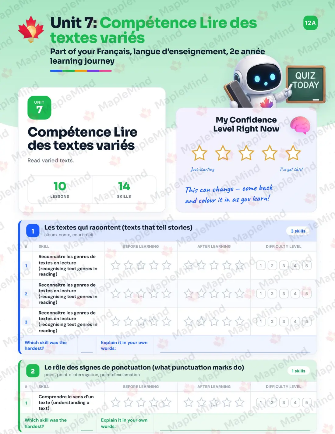 Page 35 of 58 from the Français, langue d’enseignement, 2e année Quebec Course Companion — skills tracker with before and after self-assessment
