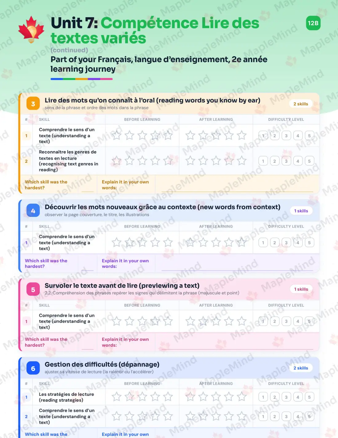 Page 36 of 58 from the Français, langue d’enseignement, 2e année Quebec Course Companion — skills tracker with before and after self-assessment