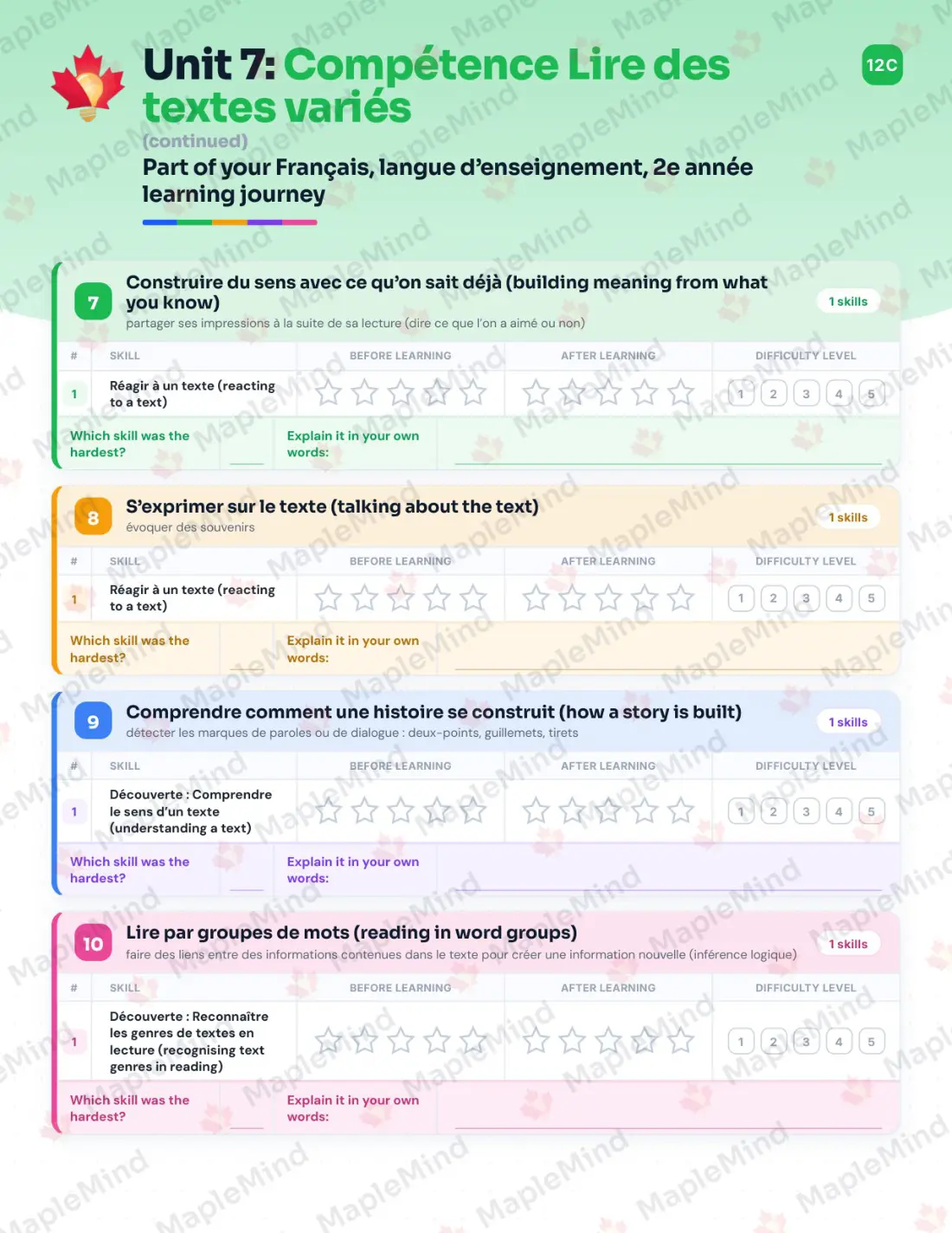 Page 37 of 58 from the Français, langue d’enseignement, 2e année Quebec Course Companion — skills tracker with before and after self-assessment
