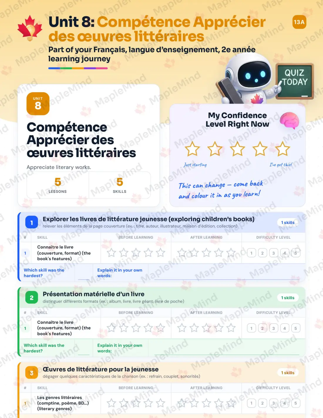 Page 40 of 58 from the Français, langue d’enseignement, 2e année Quebec Course Companion — skills tracker with before and after self-assessment