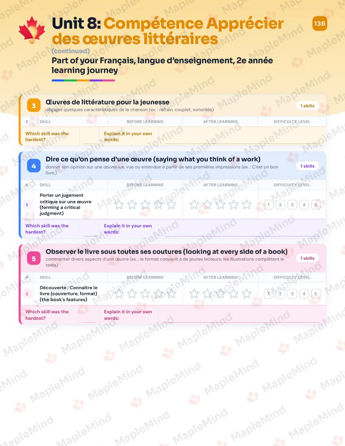 Page 41 of 58 from the Français, langue d’enseignement, 2e année Quebec Course Companion — skills tracker with before and after self-assessment