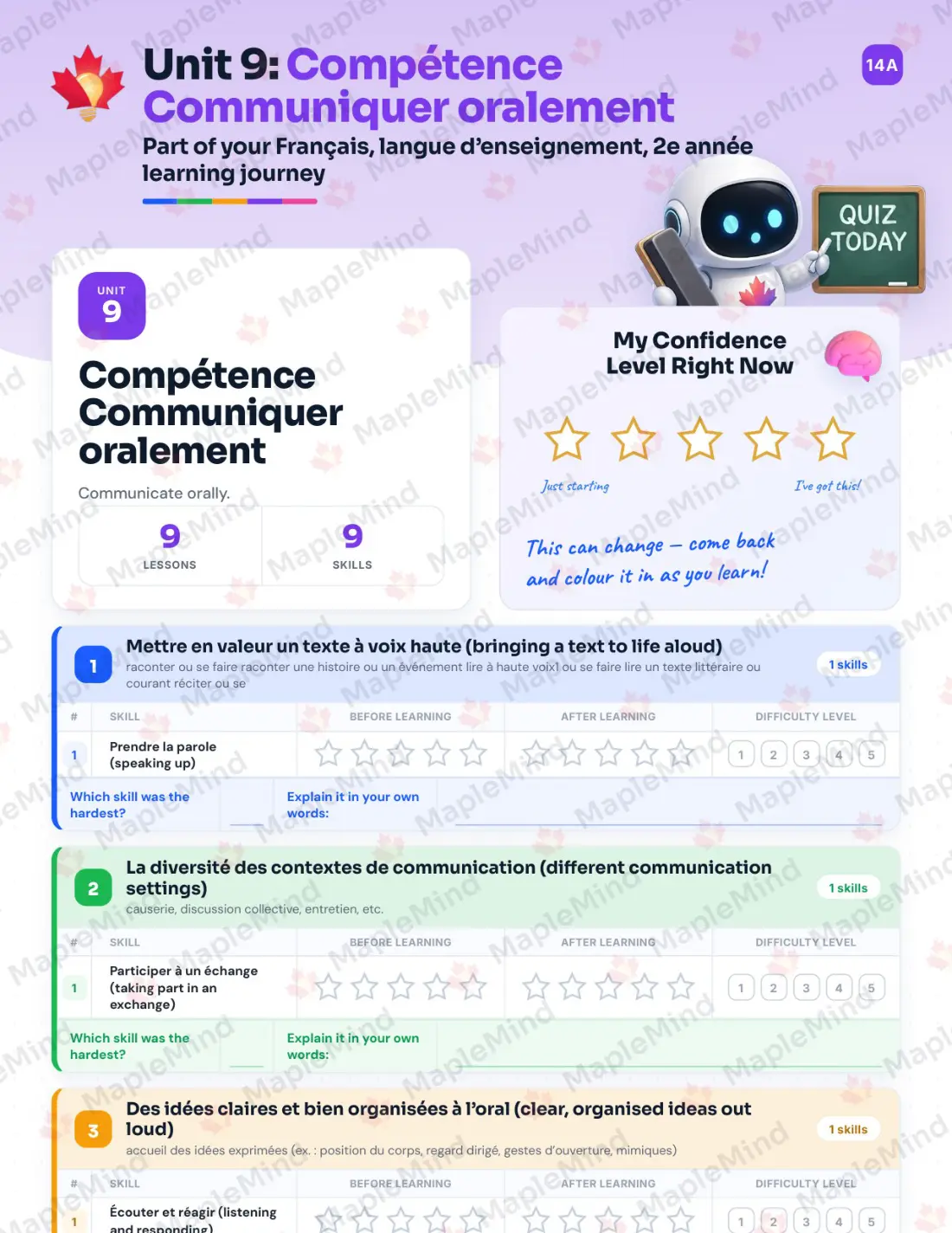 Page 44 of 58 from the Français, langue d’enseignement, 2e année Quebec Course Companion — skills tracker with before and after self-assessment