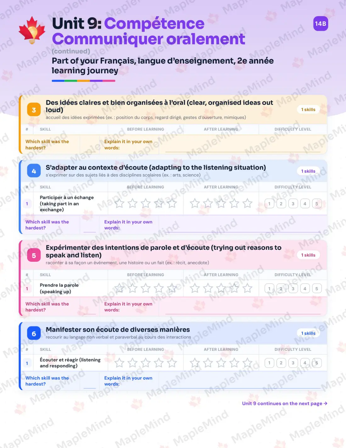 Page 45 of 58 from the Français, langue d’enseignement, 2e année Quebec Course Companion — skills tracker with before and after self-assessment