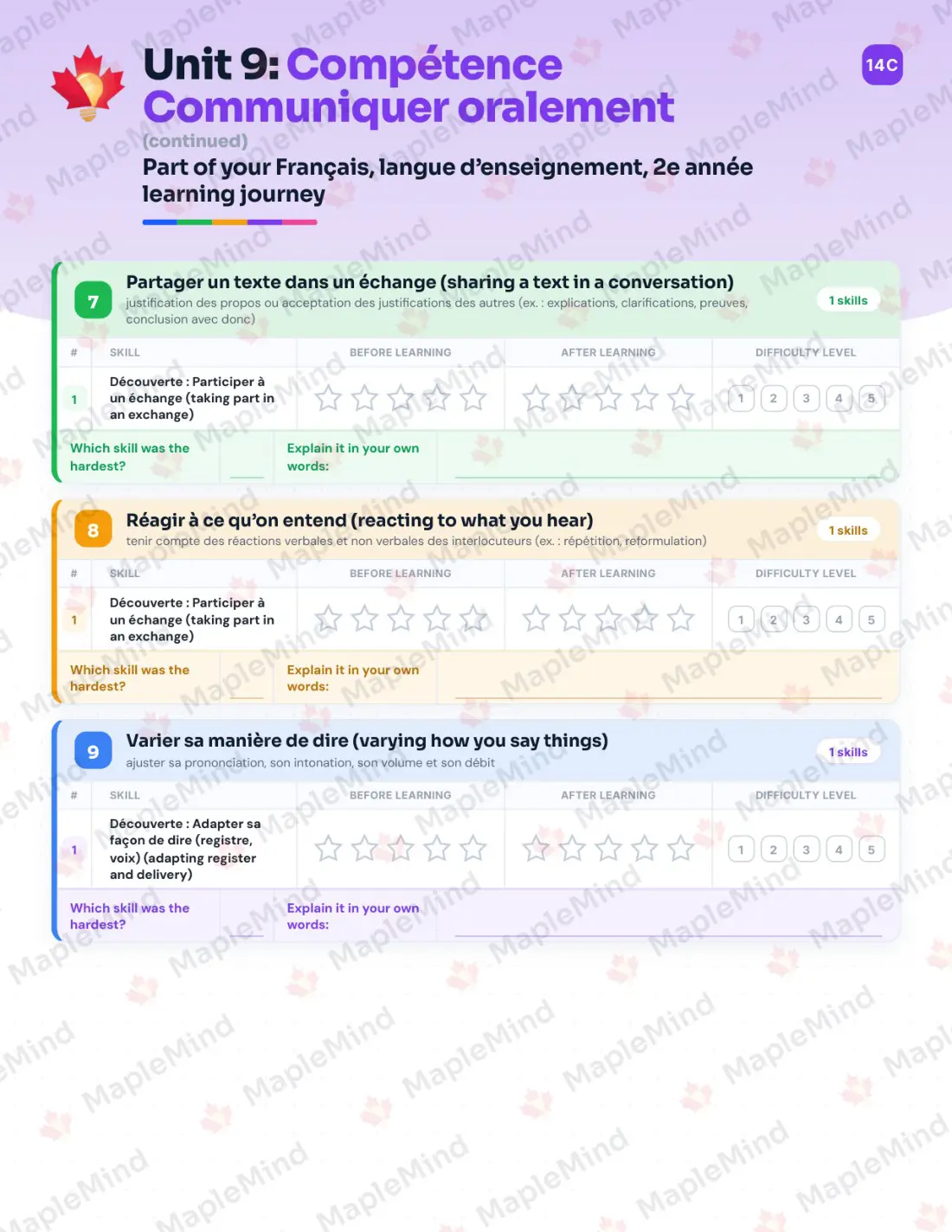 Page 46 of 58 from the Français, langue d’enseignement, 2e année Quebec Course Companion — skills tracker with before and after self-assessment