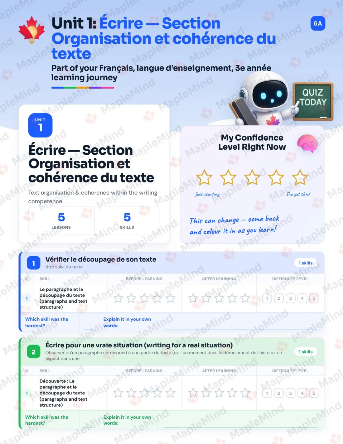 Page 10 of 67 from the Français, langue d’enseignement, 3e année Quebec Course Companion — skills tracker with before and after self-assessment