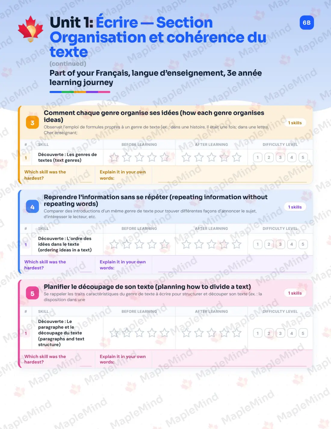Page 11 of 67 from the Français, langue d’enseignement, 3e année Quebec Course Companion — skills tracker with before and after self-assessment