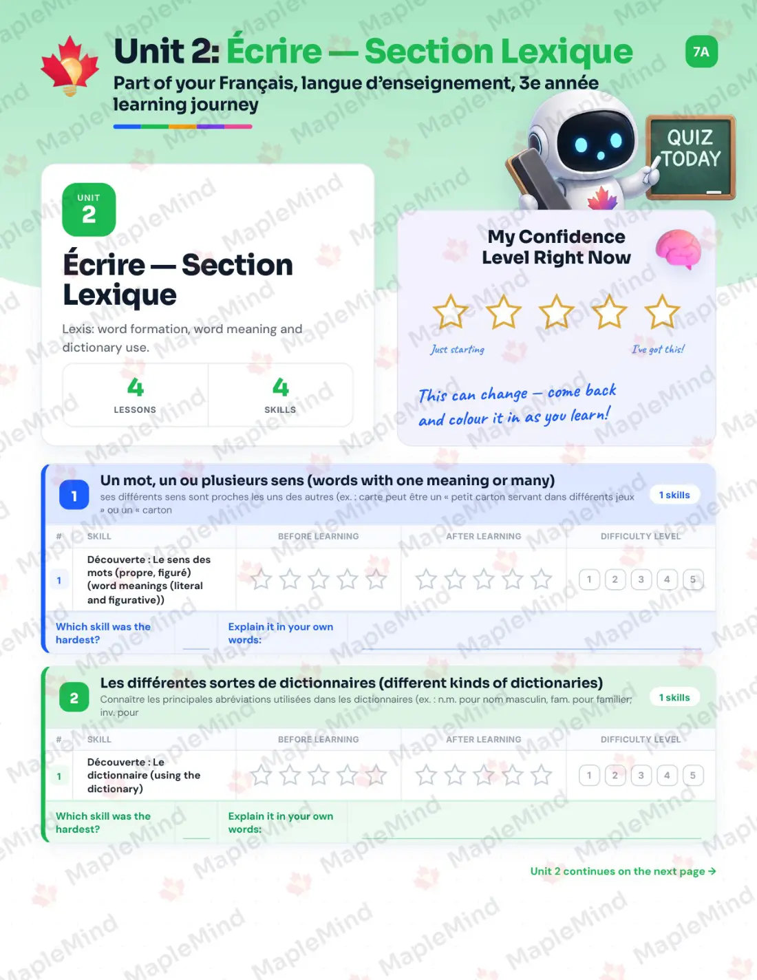 Page 14 of 67 from the Français, langue d’enseignement, 3e année Quebec Course Companion — skills tracker with before and after self-assessment