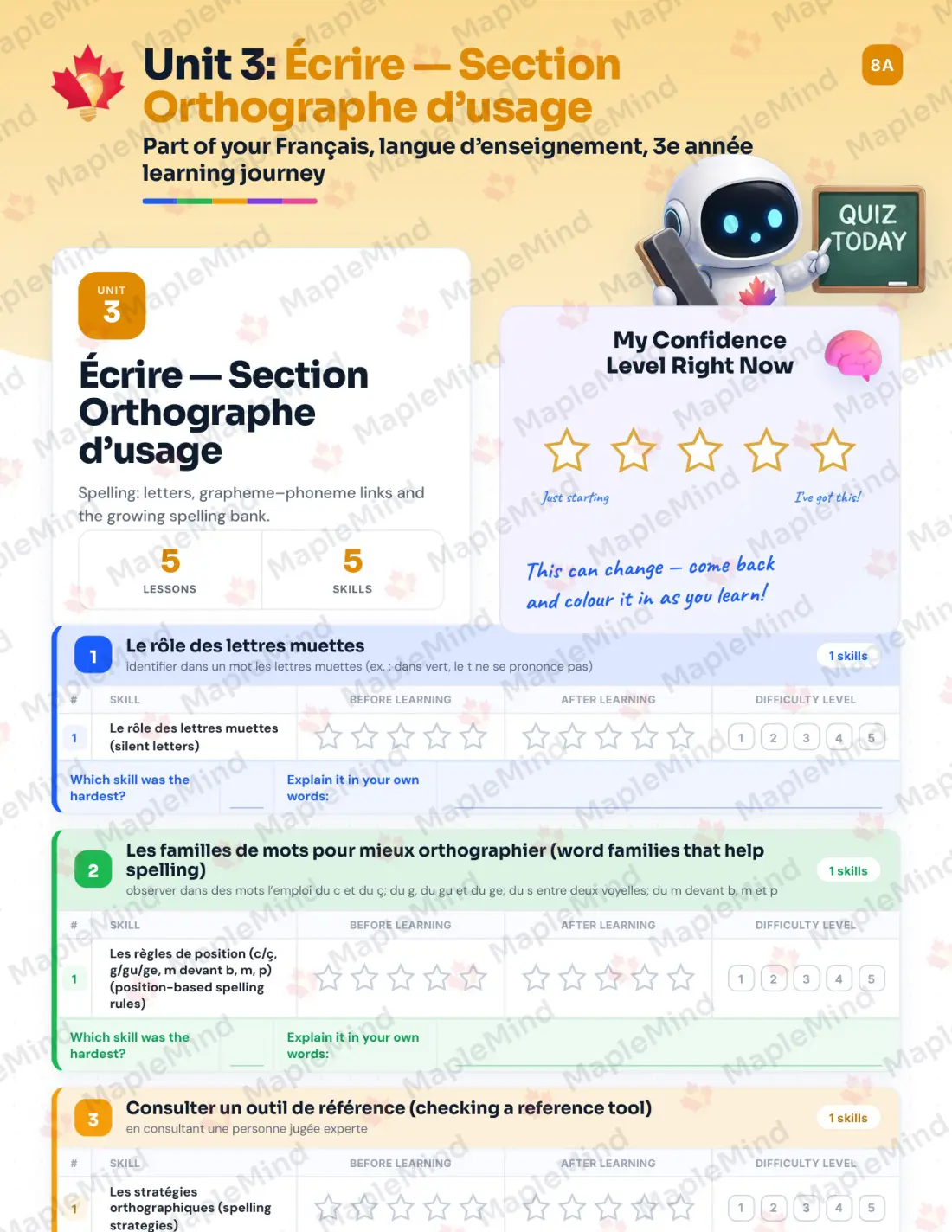Page 18 of 67 from the Français, langue d’enseignement, 3e année Quebec Course Companion — skills tracker with before and after self-assessment