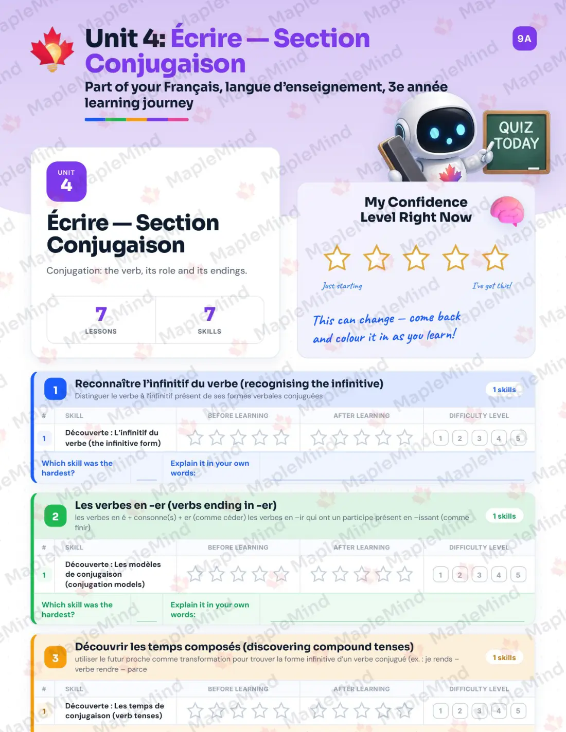 Page 22 of 67 from the Français, langue d’enseignement, 3e année Quebec Course Companion — skills tracker with before and after self-assessment