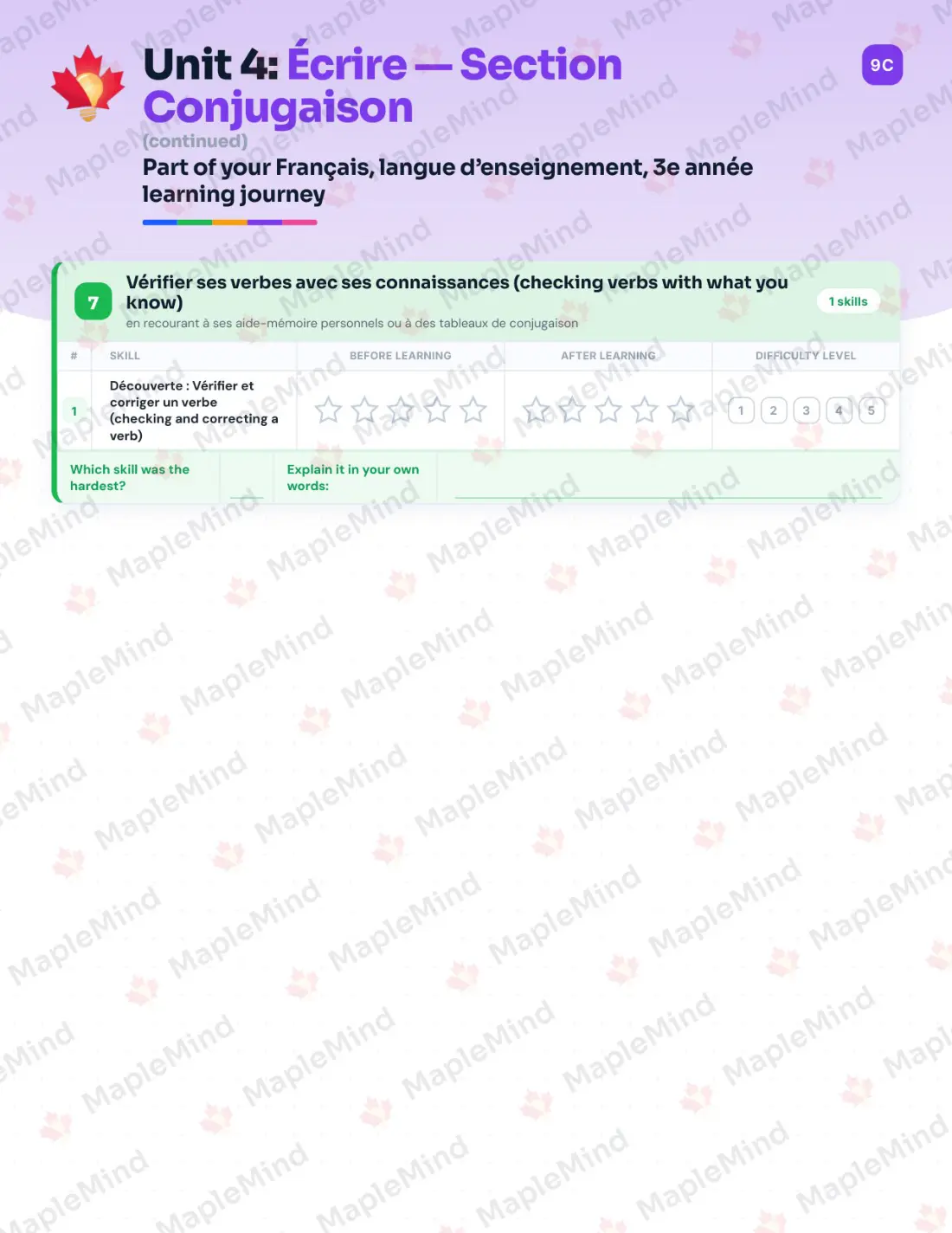 Page 24 of 67 from the Français, langue d’enseignement, 3e année Quebec Course Companion — skills tracker with before and after self-assessment