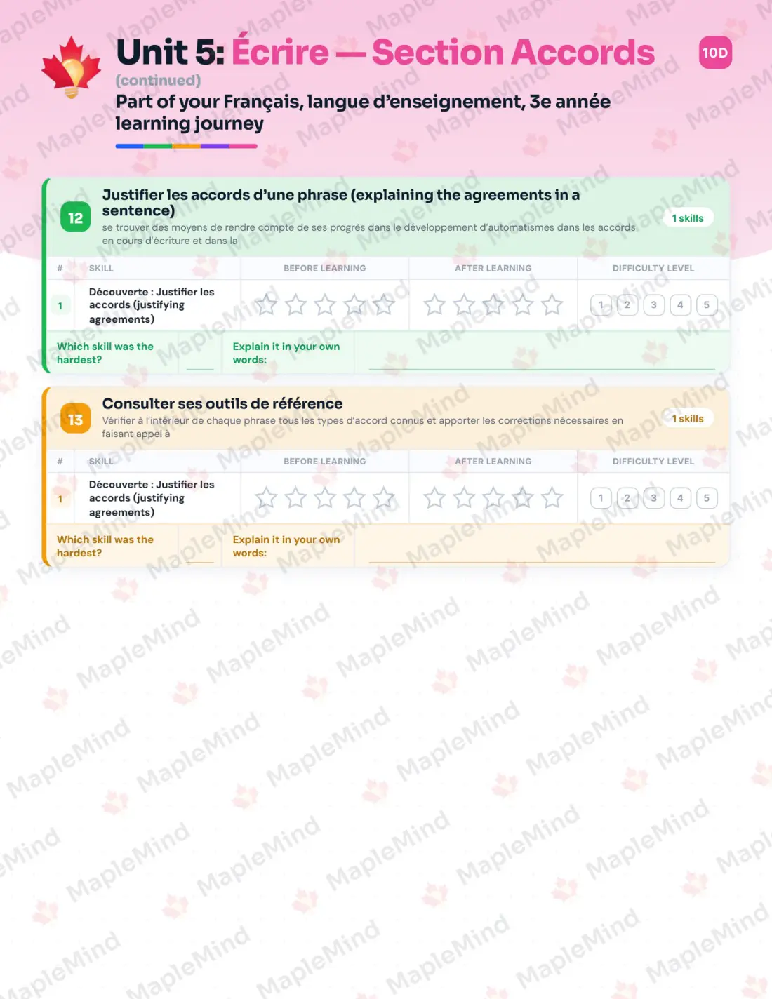 Page 30 of 67 from the Français, langue d’enseignement, 3e année Quebec Course Companion — skills tracker with before and after self-assessment