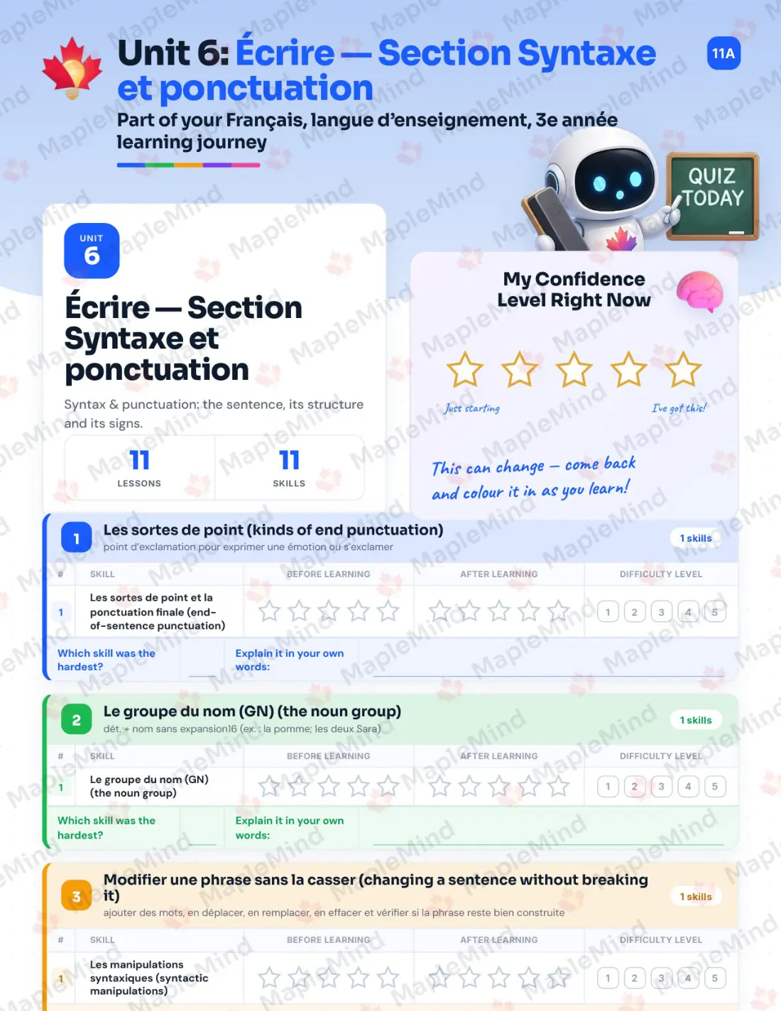 Page 33 of 67 from the Français, langue d’enseignement, 3e année Quebec Course Companion — skills tracker with before and after self-assessment