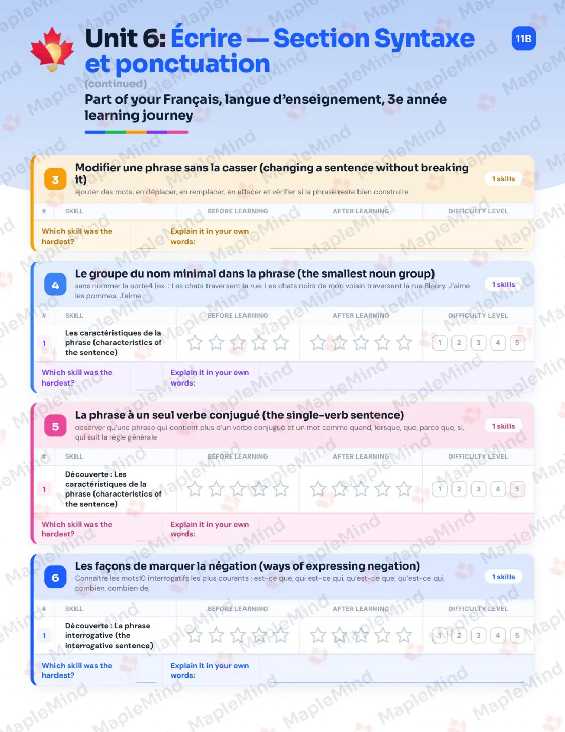 Page 34 of 67 from the Français, langue d’enseignement, 3e année Quebec Course Companion — skills tracker with before and after self-assessment