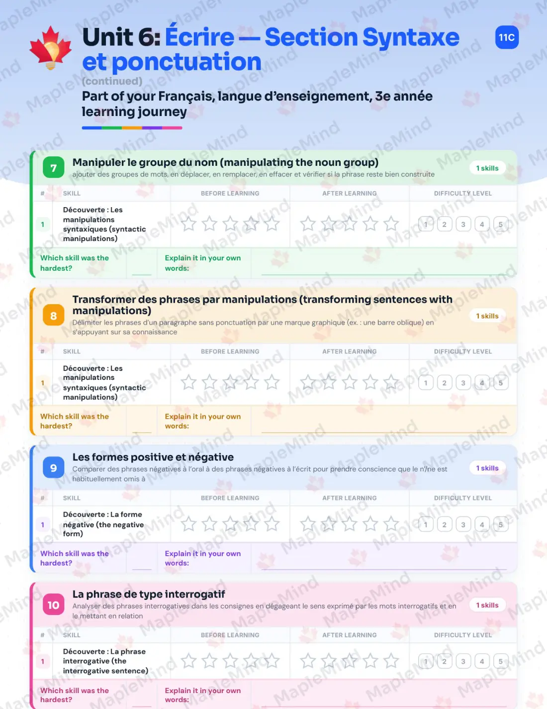 Page 35 of 67 from the Français, langue d’enseignement, 3e année Quebec Course Companion — skills tracker with before and after self-assessment