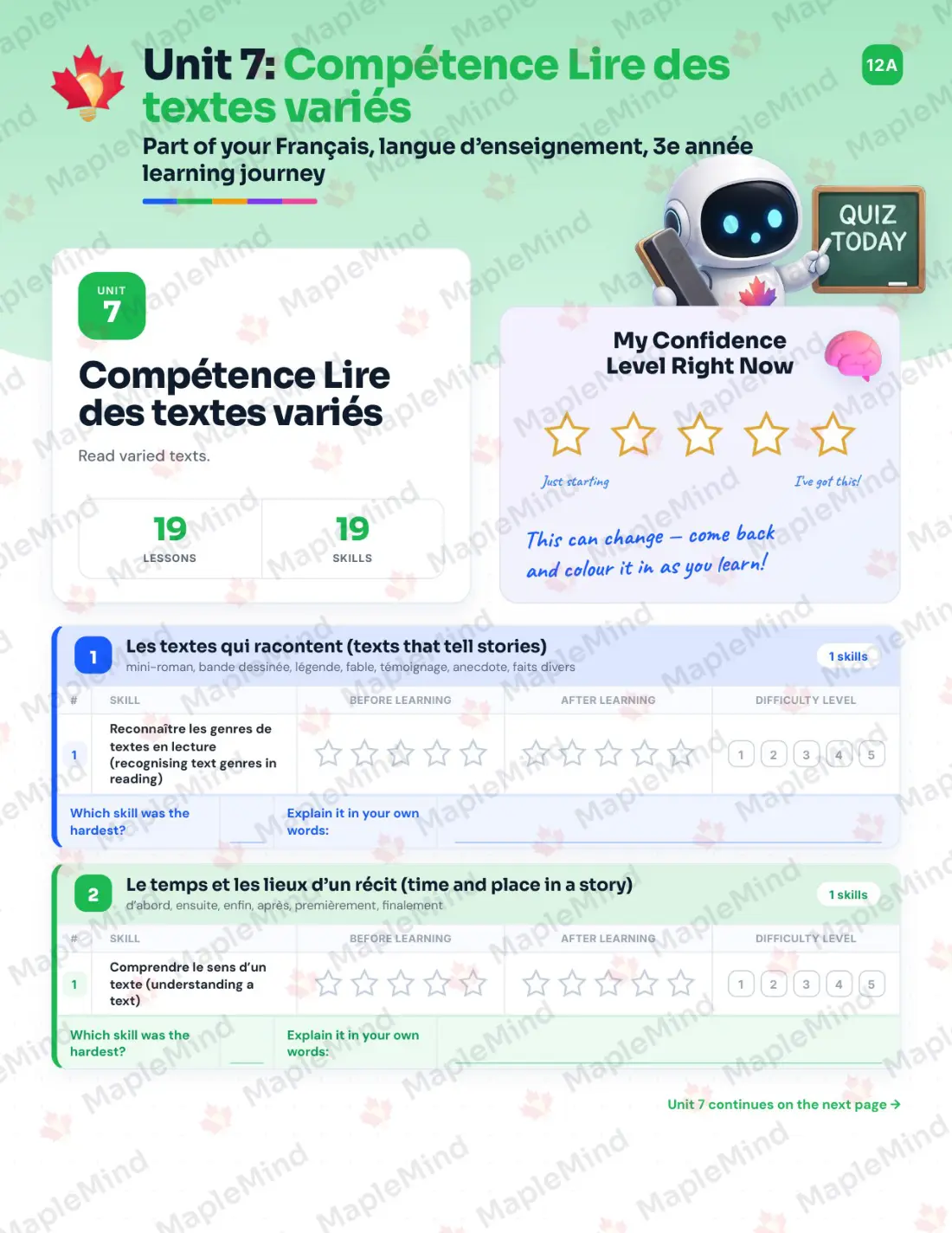 Page 39 of 67 from the Français, langue d’enseignement, 3e année Quebec Course Companion — skills tracker with before and after self-assessment