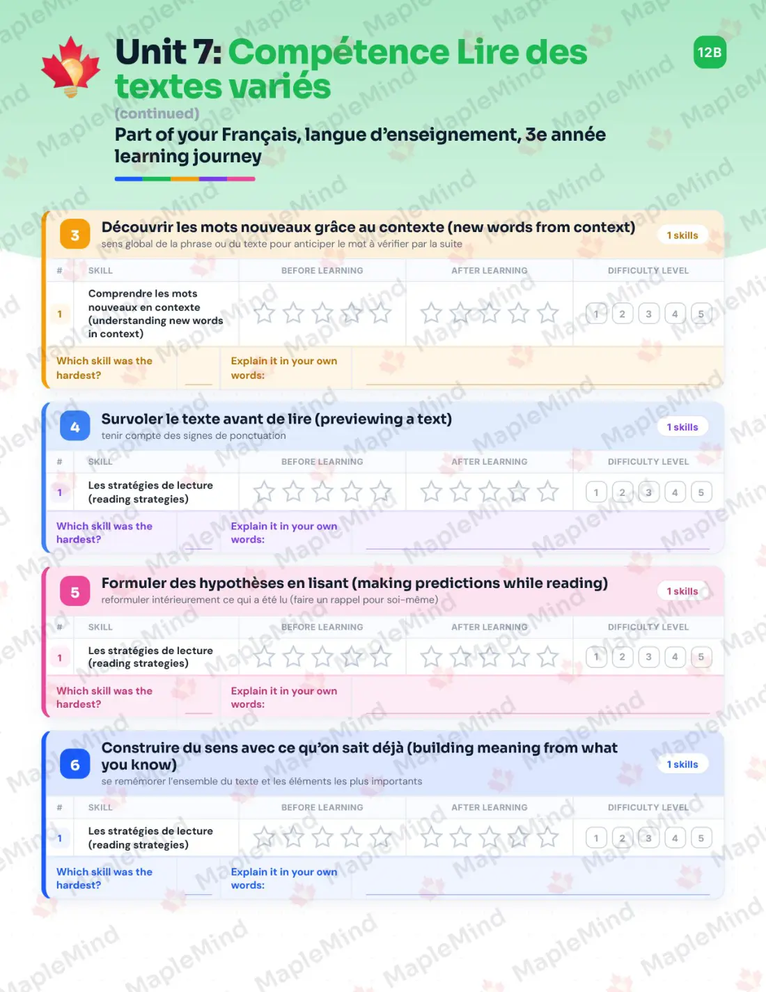 Page 40 of 67 from the Français, langue d’enseignement, 3e année Quebec Course Companion — skills tracker with before and after self-assessment