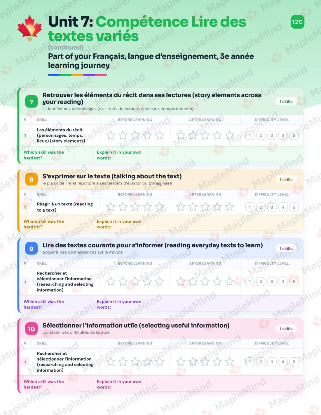 Page 41 of 67 from the Français, langue d’enseignement, 3e année Quebec Course Companion — skills tracker with before and after self-assessment