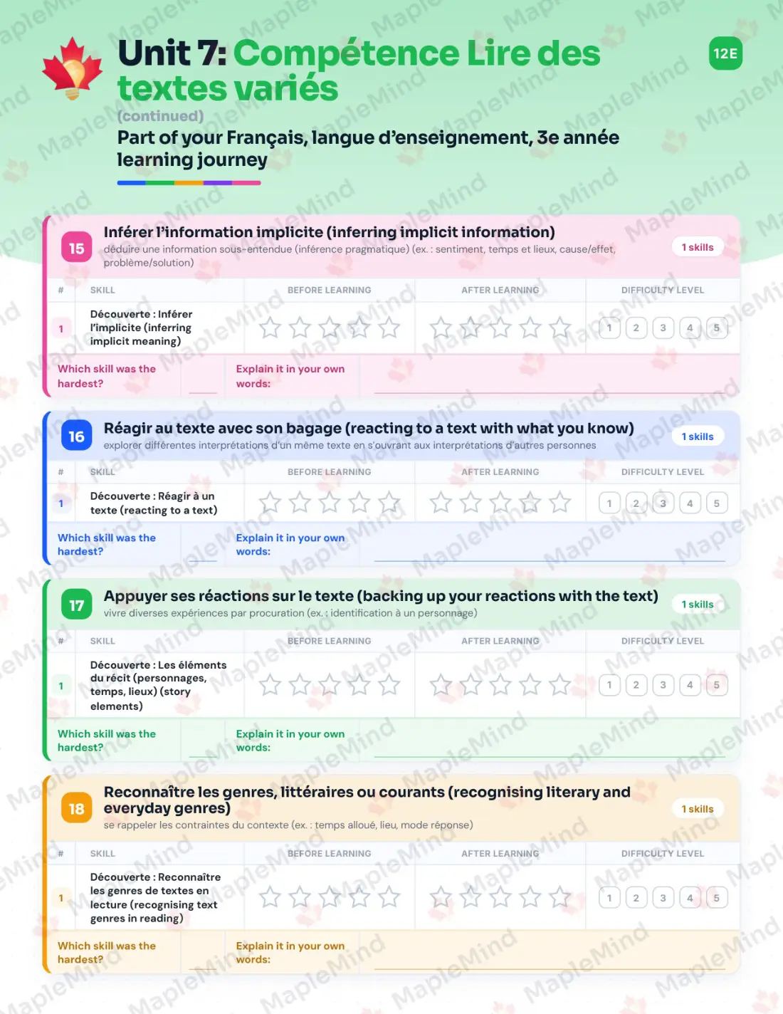 Page 43 of 67 from the Français, langue d’enseignement, 3e année Quebec Course Companion — skills tracker with before and after self-assessment