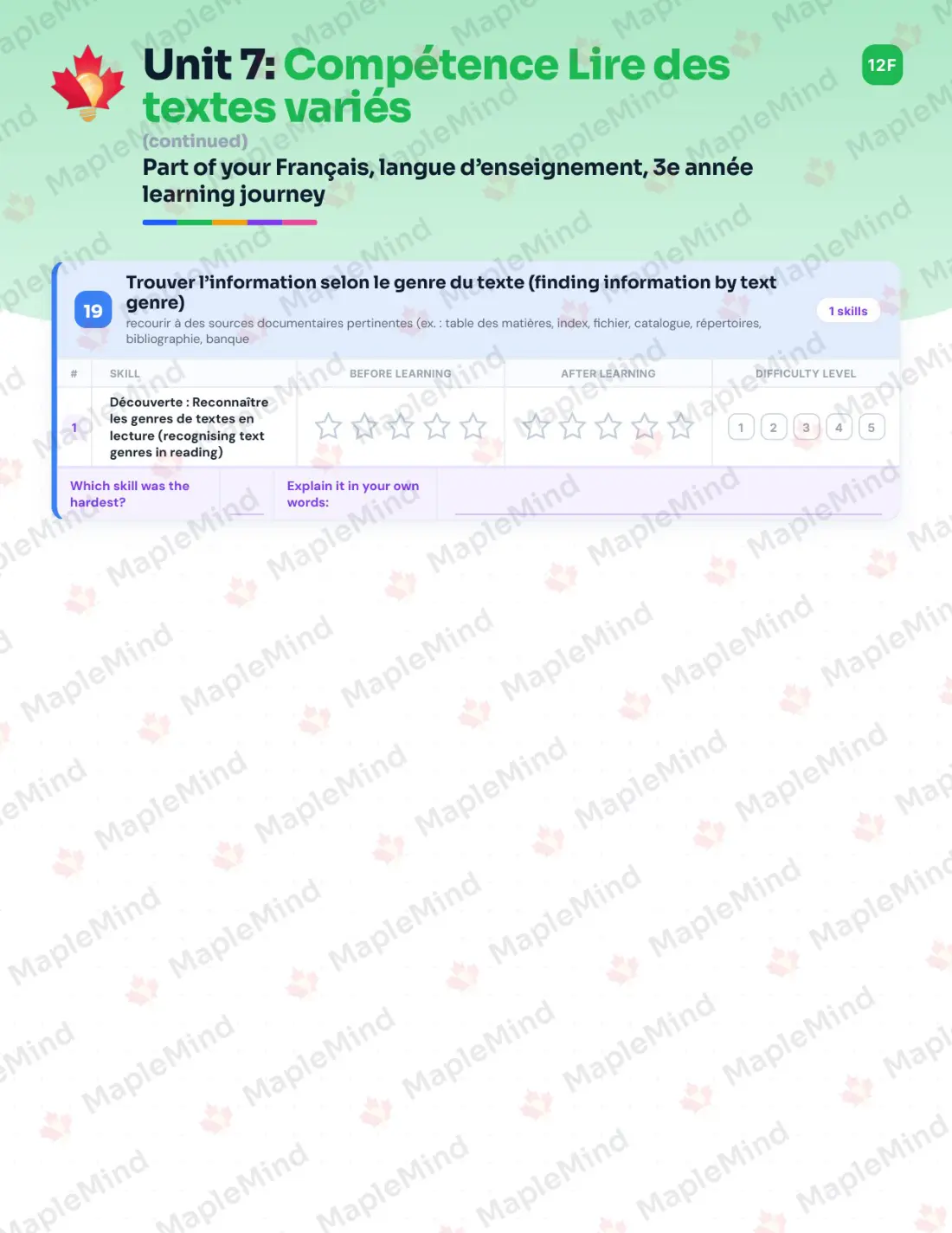 Page 44 of 67 from the Français, langue d’enseignement, 3e année Quebec Course Companion — skills tracker with before and after self-assessment